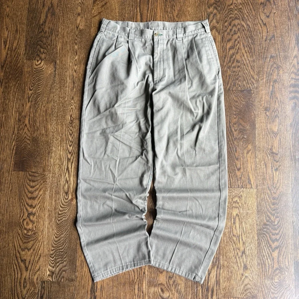 Vtg 90s Tommy Hilfiger Crest Pleated Chino Pants Mens 34x29 Olive Gray Trousers